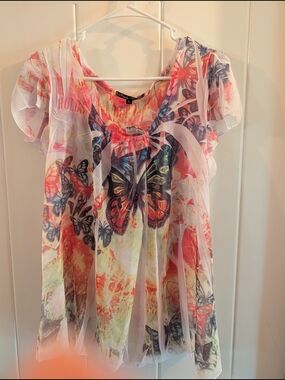 Simply Irresistible Sheer Butterfly Print Tunic - White, Coral, Black, Blue